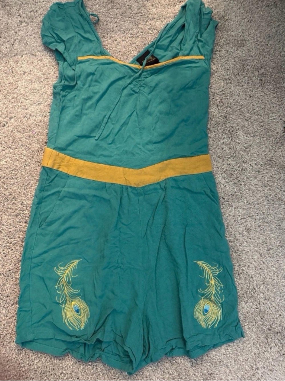 Princess Jasmine Teal Romper with Yellow Waistband and Peacock Embroidery